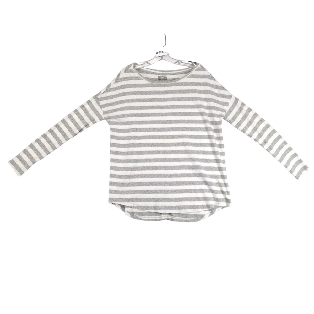 True Craft Gray Striped Long Sleeve Knit Top Womens L Thumbholes Casual Cozy